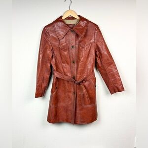 Vintage Women's Leather Belted Coat Size 12 Made in Belgium Brown Leather
